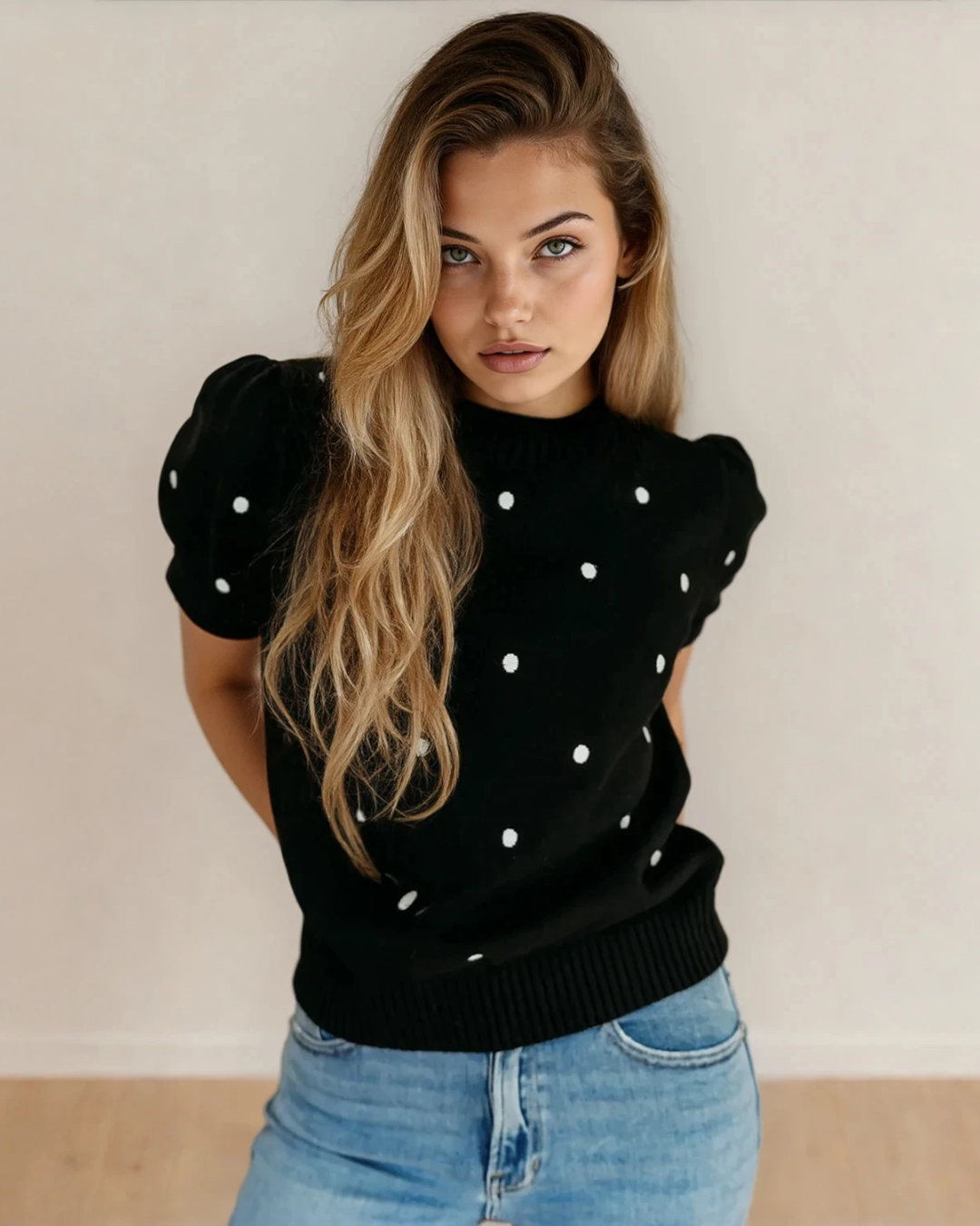 River Polka Dot Bubble Short Sleeve Sweater - Black | Dropship